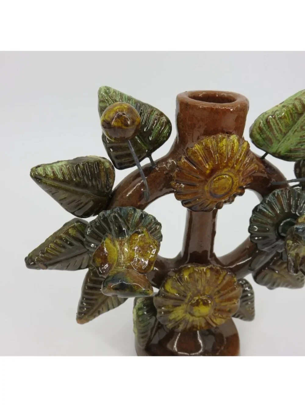 Tree Of Life Pottery Single Candleholder Candelabra Mexican Folk Art Flower Leaf